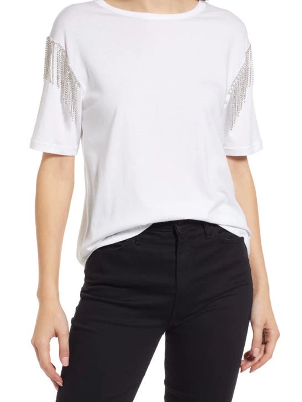 Blue B Collection Off White Crystal Fringe Tee Size S — NWT